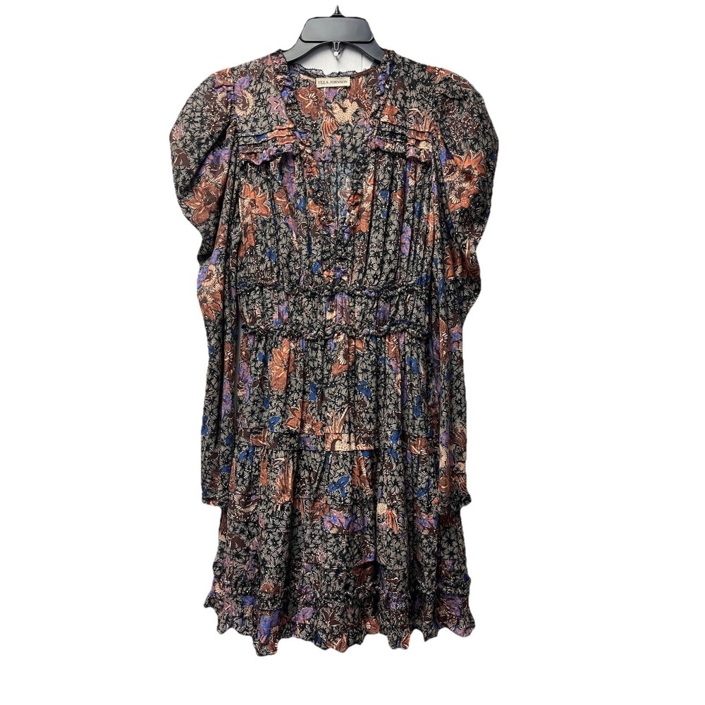 Ulla Johnson Black Floral Tiered Ruffle Dress with Rust and Purple Accents